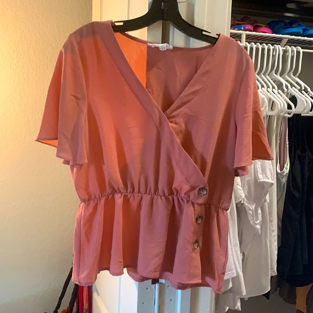Dusty Rose Button Detail Cinched Waist Blouse